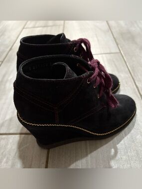 CHANEL Black Suede Wedge Ankle Boots with Burgundy Laces